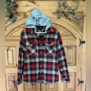 Brixton Red and Black Plaid Flannel Button-Down Shirt with Gray Hood